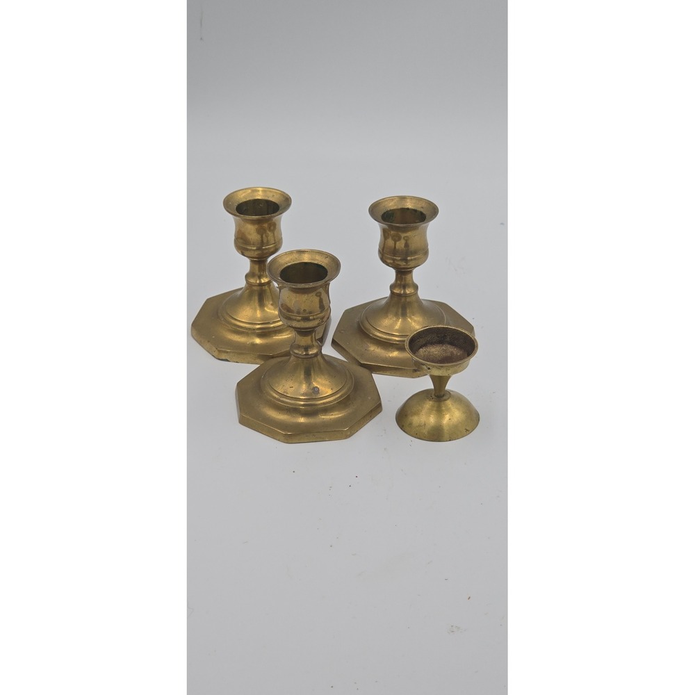 Vintage Solid Brass Candlestick Set & Mini Chalice - 4 Piece Bundle